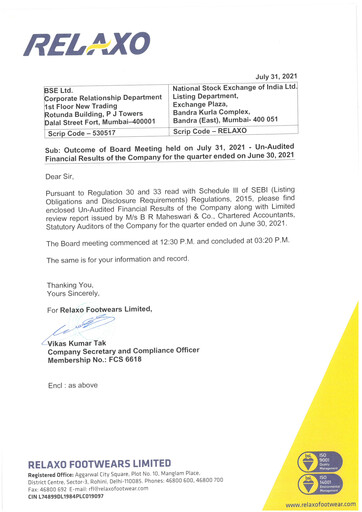 Thumbnail Relaxo Footwear Quarterly Report 2021-q1