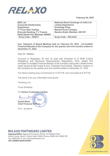 Thumbnail Relaxo Footwear Quarterly Report 2022-q3