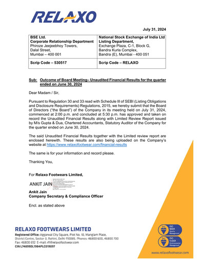 Thumbnail Relaxo Footwear Quarterly Report 2024-q1