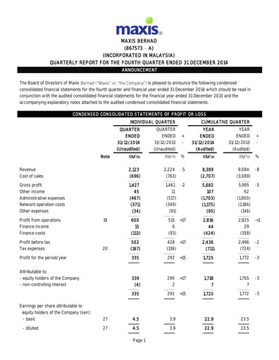 Thumbnail Maxis Berhad Quarterly Report 2014-q4