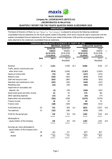 Thumbnail Maxis Berhad Quarterly Report 2020-q4