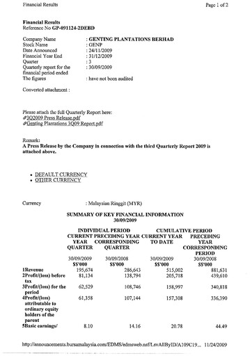 Thumbnail Genting Berhad Quarterly Report 2009-q3