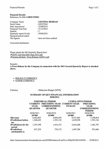 Thumbnail Genting Berhad Quarterly Report 2011-q2