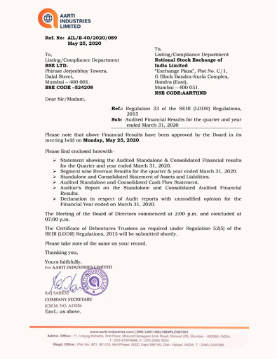 Thumbnail Aarti Industries Quarterly Report 2019-q4