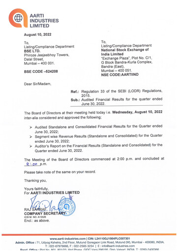 Thumbnail Aarti Industries Quarterly Report 2022-q1