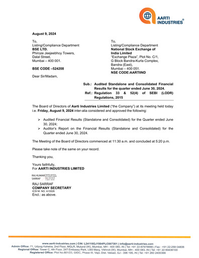 Thumbnail Aarti Industries Quarterly Report 2024-q1