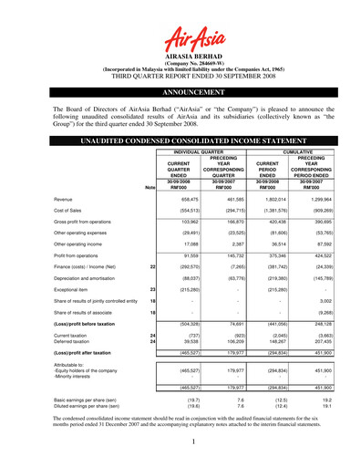 Thumbnail Capital A (Air Asia) Quarterly Report 2008-q3