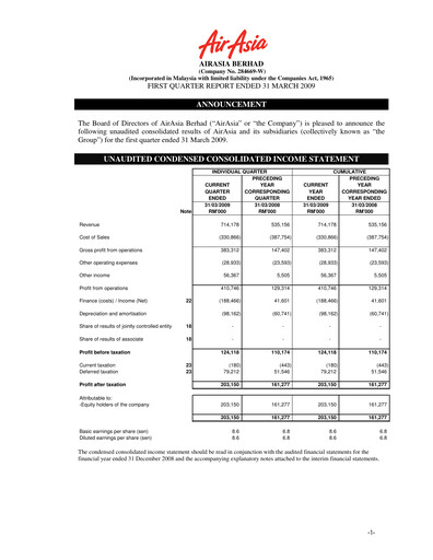 Thumbnail Capital A (Air Asia) Quarterly Report 2009-q1
