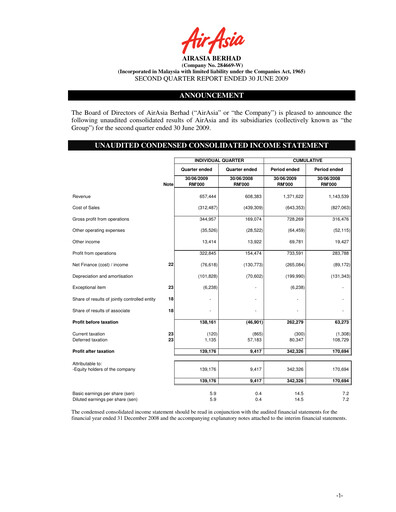 Thumbnail Capital A (Air Asia) Quarterly Report 2009-q2