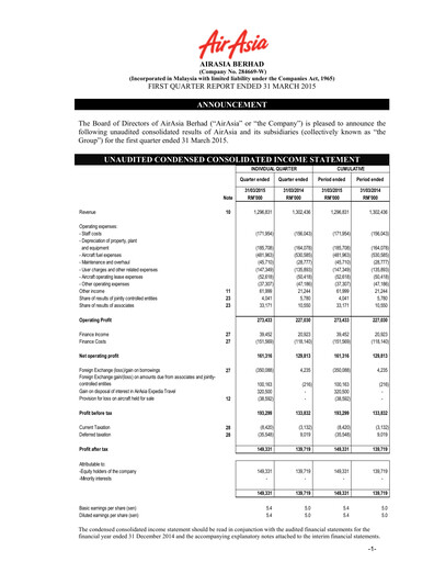 Thumbnail Capital A (Air Asia) Quarterly Report 2015-q1