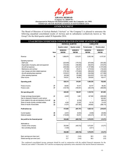 Thumbnail Capital A (Air Asia) Quarterly Report 2016-q3