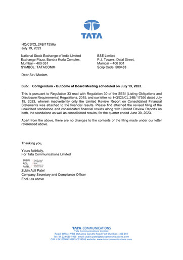 Thumbnail Tata Communications Quarterly Report 2023-q1