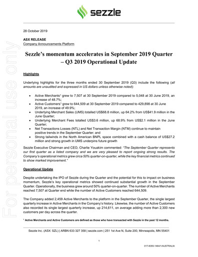 Vorschaubild Sezzle Quartalsbericht 2019-q3