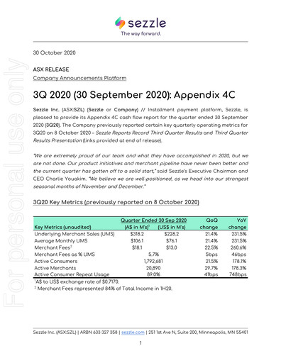 Vorschaubild Sezzle Quartalsbericht 2020-q3