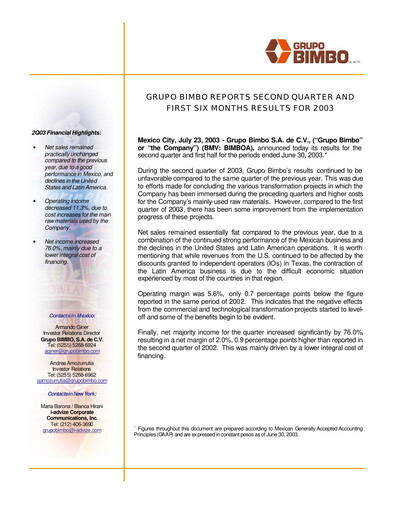 Thumbnail Grupo Bimbo
 Quarterly Report 2003-q2