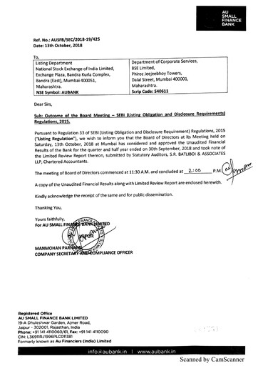 Vorschaubild AU Small Finance Bank Quartalsbericht 2018-q2