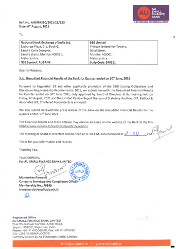 Vorschaubild AU Small Finance Bank Quartalsbericht 2021-q1