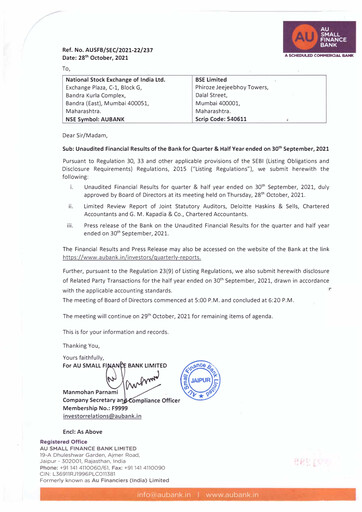 Vorschaubild AU Small Finance Bank Quartalsbericht 2021-q2