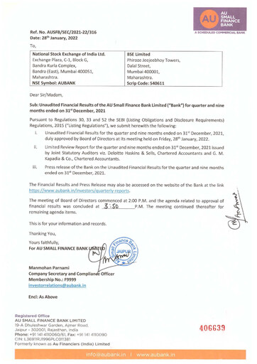 Vorschaubild AU Small Finance Bank Quartalsbericht 2021-q3