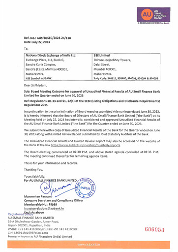 Vorschaubild AU Small Finance Bank Quartalsbericht 2023-q1