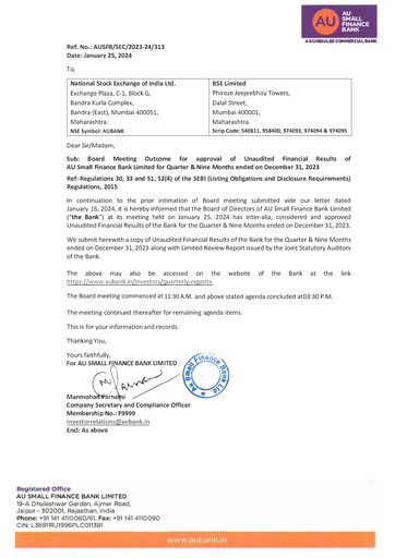 Vorschaubild AU Small Finance Bank Quartalsbericht 2023-q3