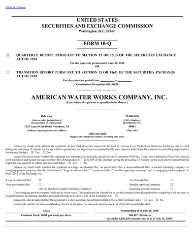 Thumbnail American Water Quarterly Report 2018-q2