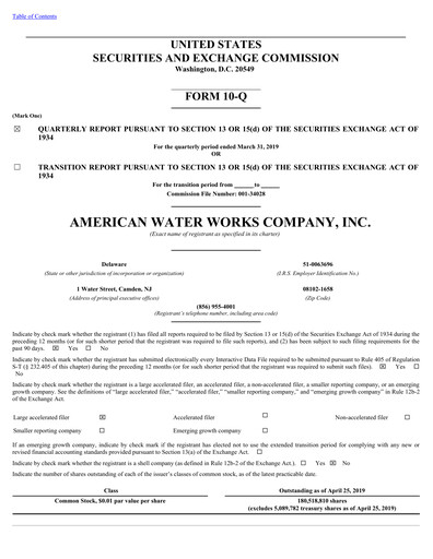 Thumbnail American Water Quarterly Report 2019-q1