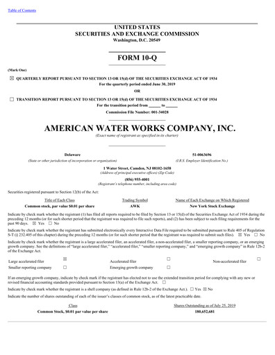 Thumbnail American Water Quarterly Report 2019-q2