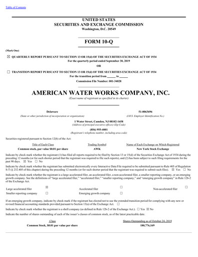 Thumbnail American Water Quarterly Report 2019-q3