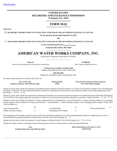 Thumbnail American Water Quarterly Report 2021-q3