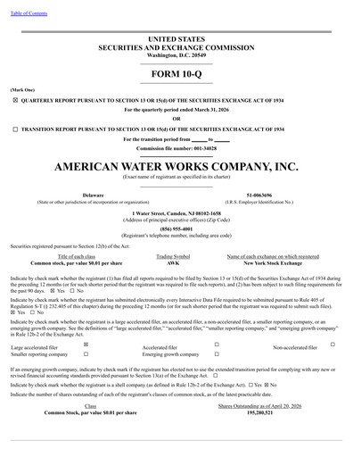 Thumbnail American Water Quarterly Report 2026-q1