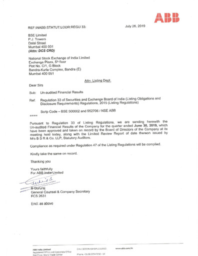 Thumbnail ABB India
 Quarterly Report 2019-q2