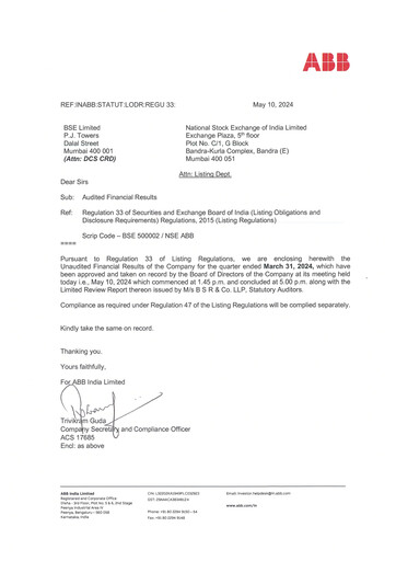 Thumbnail ABB India
 Quarterly Report 2024-q1