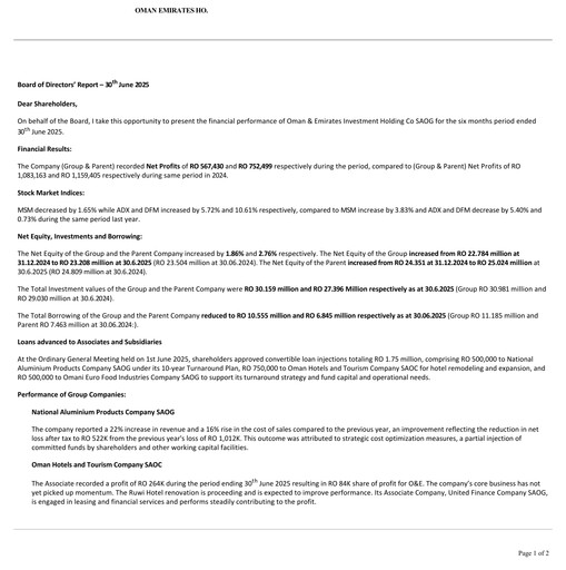 Vorschaubild Oman & Emirates Investment Holding Co. Halbjahresbericht 2025-h1