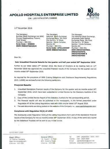 Thumbnail Apollo Hospitals
 Quarterly Report 2016-q2