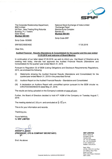 Thumbnail SRF Limited Financial Statement 2017-2018