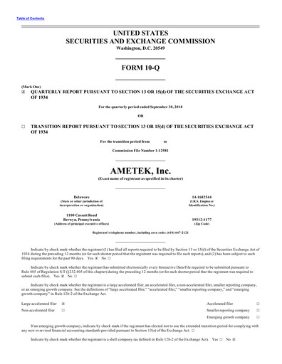 Thumbnail Ametek Quarterly Report 2018-q3