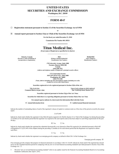Vorschaubild Titan Medical Jahresbericht 2018
