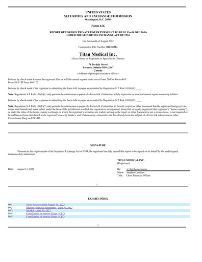 Miniature Titan Medical Rapport trimestriel 2022-q2