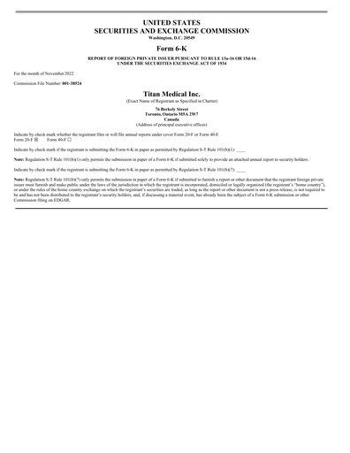 Miniature Titan Medical Rapport trimestriel 2022-q3