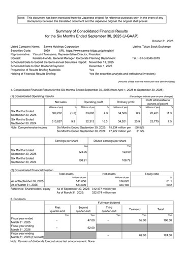 Thumbnail Sanwa Holdings Half-year Report 2026-h1