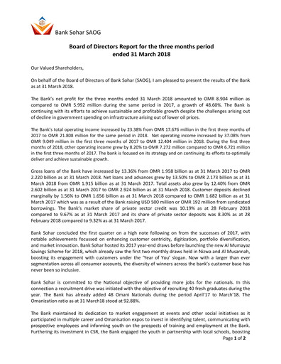 Thumbnail Sohar International Bank Quarterly Report 2018-q1
