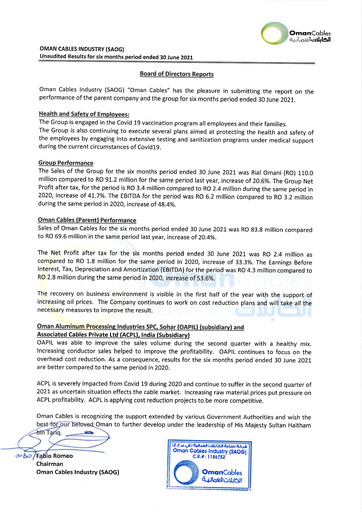 Thumbnail Oman Cables Industry Financial Report 2021-h1