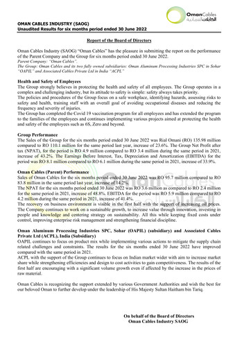 Thumbnail Oman Cables Industry Financial Report 2022-h1