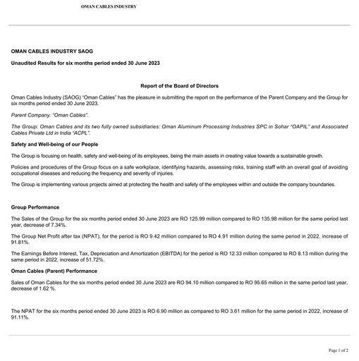 Thumbnail Oman Cables Industry Financial Report 2023-h1