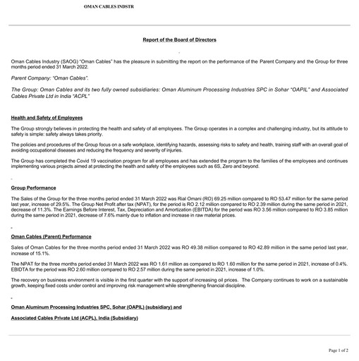 Thumbnail Oman Cables Industry Quarterly Report 2022-q1