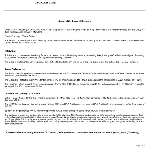 Thumbnail Oman Cables Industry Quarterly Report 2023-q1