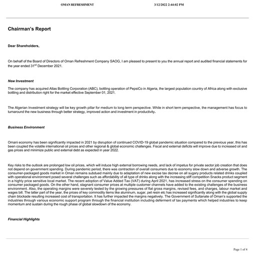 Vorschaubild Oman Refreshment Company (Pepsi Oman) Jahresbericht 2021