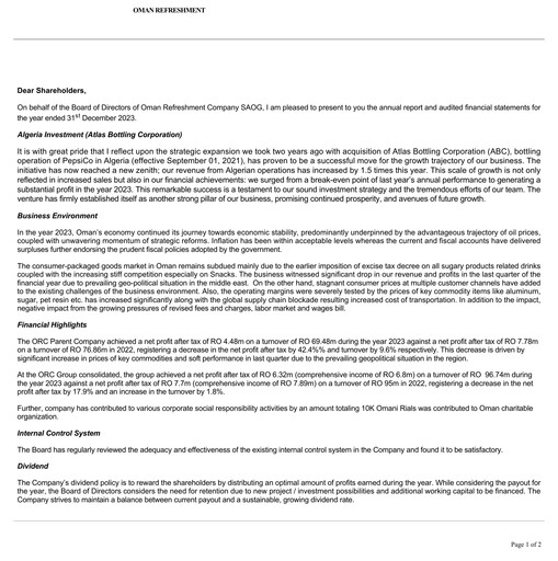 Vorschaubild Oman Refreshment Company (Pepsi Oman) Jahresbericht 2023