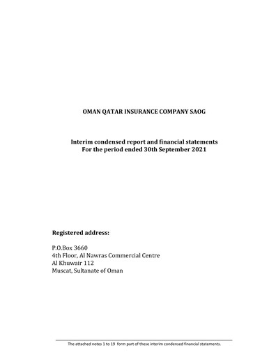 Thumbnail OQIC Oman Qatar Insurance Company Financial Statement 2021-9m